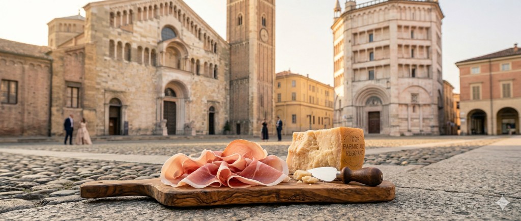 Hero: Prosciutto di Parma and Parmigiano Reggiano DOP on a board at Piazza Duomo, Parma — cathedral and baptistery in the background (illustrative image).